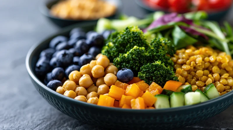 Dark ceramic bowl filled with sections of chickpeas, lentils, blueberries, broccoli, cucumber, mango and cherry tomatoes on gray surface