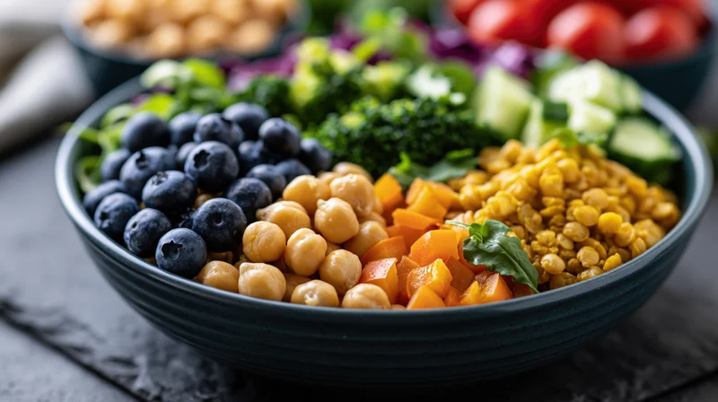 Dark ceramic bowl filled with sections of blueberries, chickpeas, lentils, broccoli, cucumber, carrots and tomatoes on slate surface