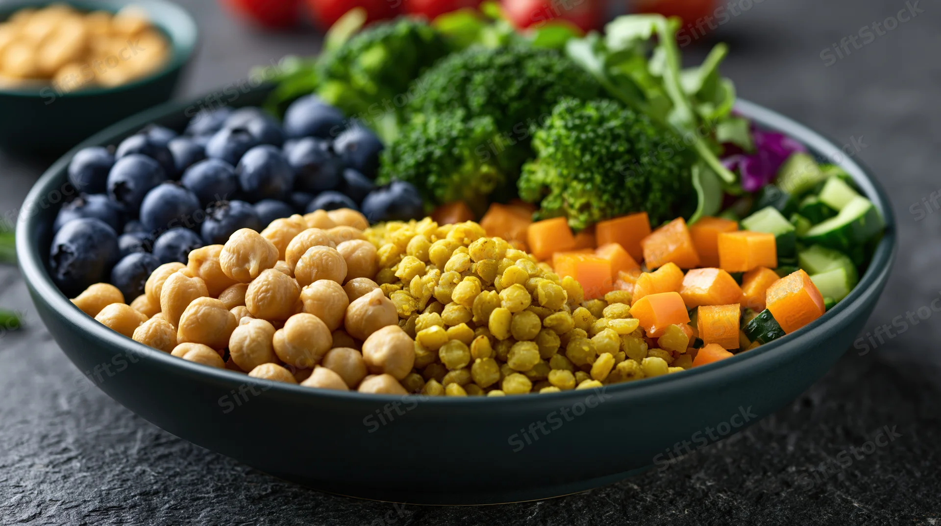 Dark ceramic bowl filled with neatly arranged sections of broccoli, blueberries, chickpeas, lentils, carrots and cucumber on a gray stone surface