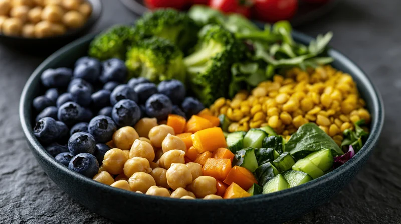 Dark ceramic bowl filled with sections of blueberries, chickpeas, lentils, broccoli, cucumber, carrots and tomatoes arranged for a healthy meal