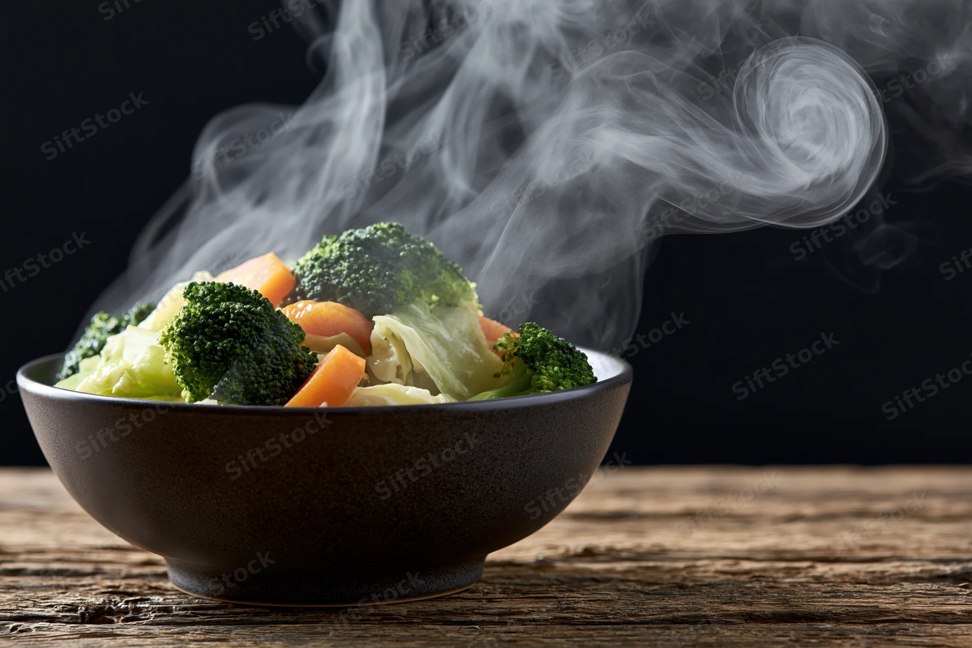 Steamed mixed vegetables in a dark ceramic bowl on a wooden table
