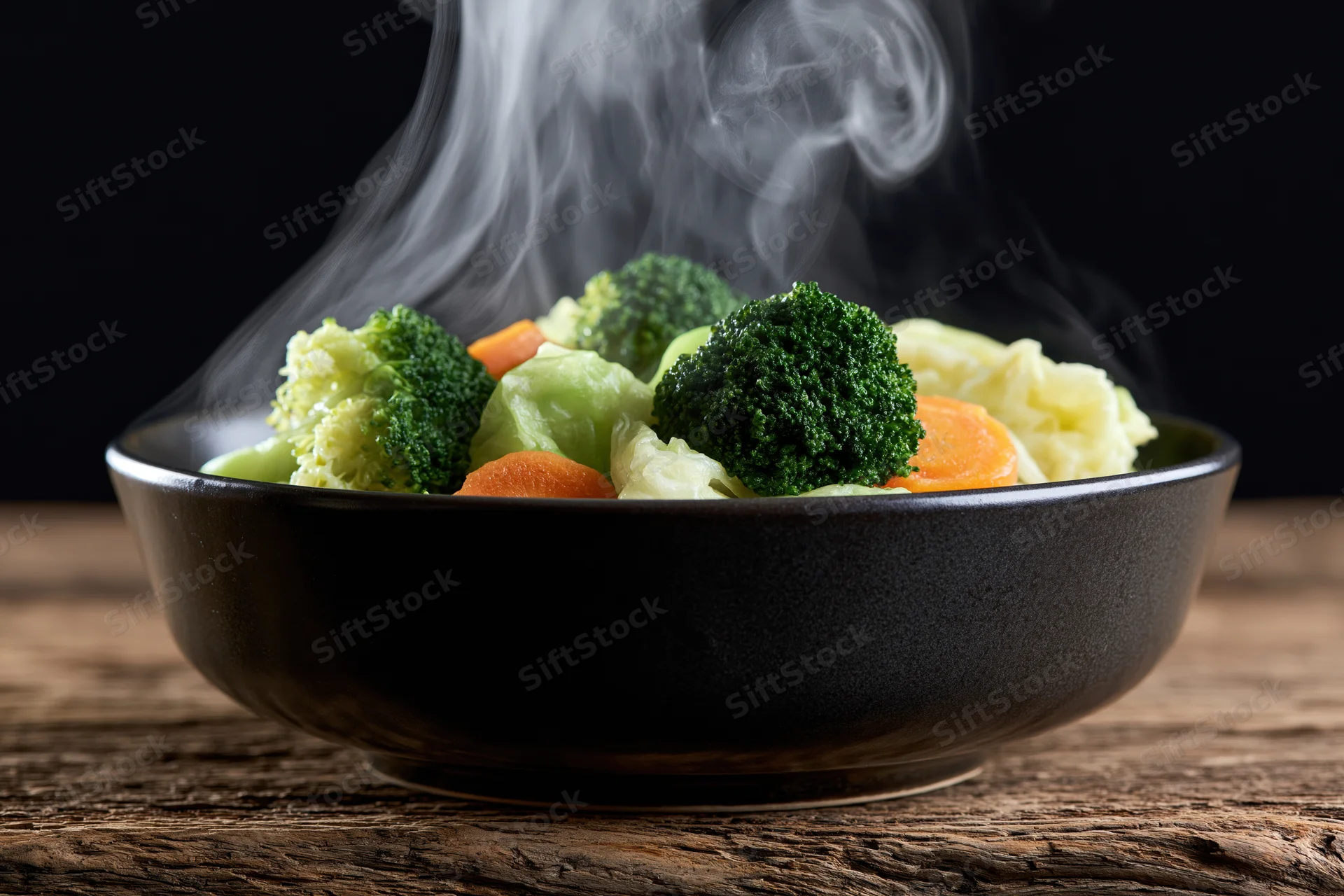 Steamed mixed vegetables in a dark ceramic bowl on a wooden table