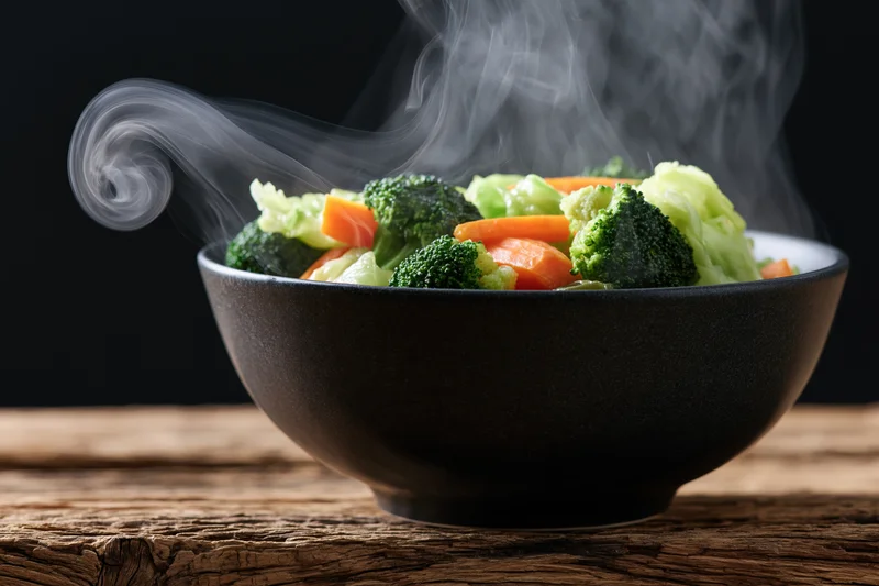 Steamed mixed vegetables in a dark ceramic bowl on a wooden table