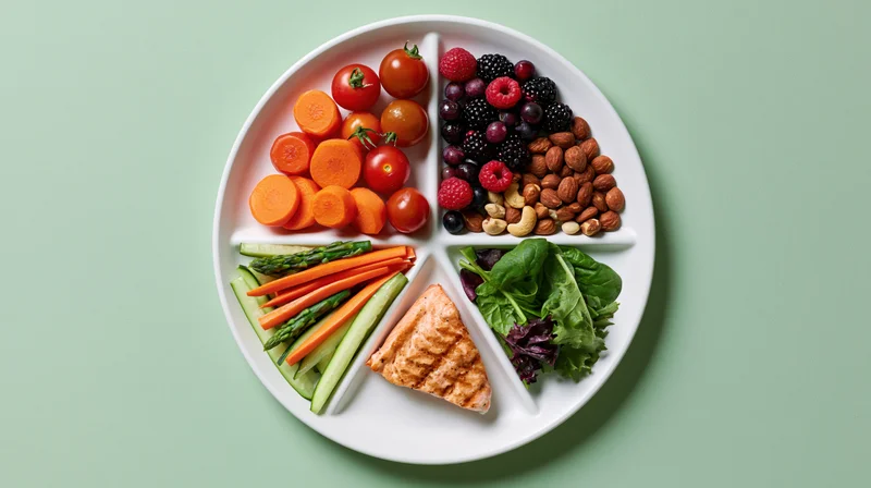 Divided white plate with six sections of salmon, vegetables, fruits, nuts and greens arranged for balanced meal on green background