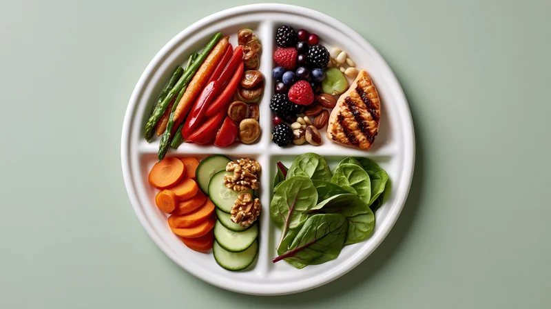Divided white plate with six sections of vegetables, fruits, nuts, grilled chicken and salad arranged for balanced meal on green surface