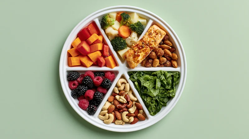 Divided white plate with six sections of salmon, vegetables, berries, nuts and greens on green background