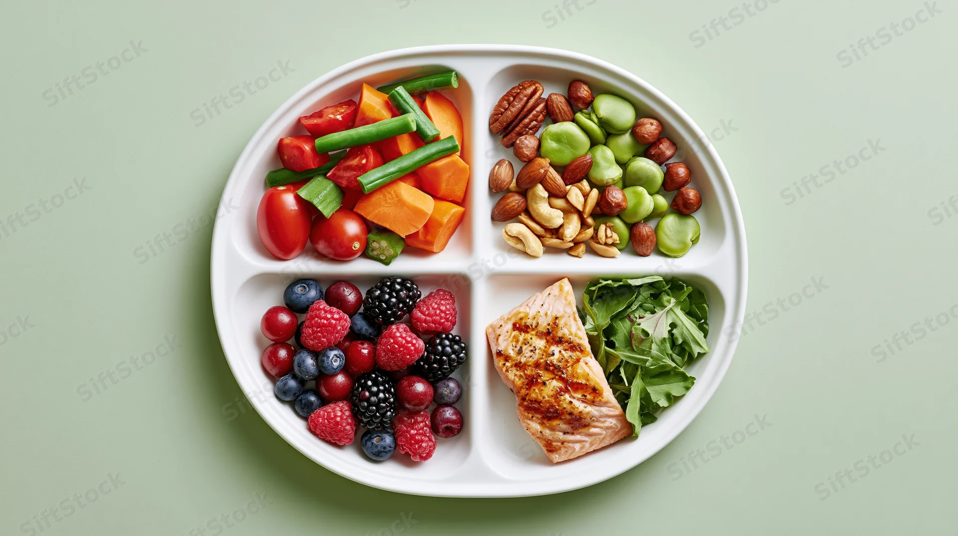 Divided white plate with salmon, berries, vegetables, nuts and greens arranged in sections for balanced meal