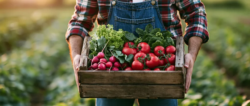 Farmer holding wooden crate filled with fresh vegetables in a field