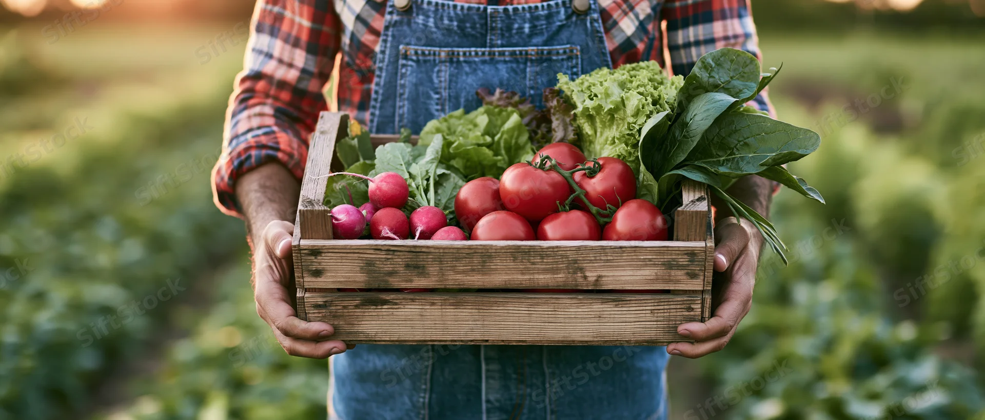 Farmer holding wooden crate filled with fresh vegetables in garden