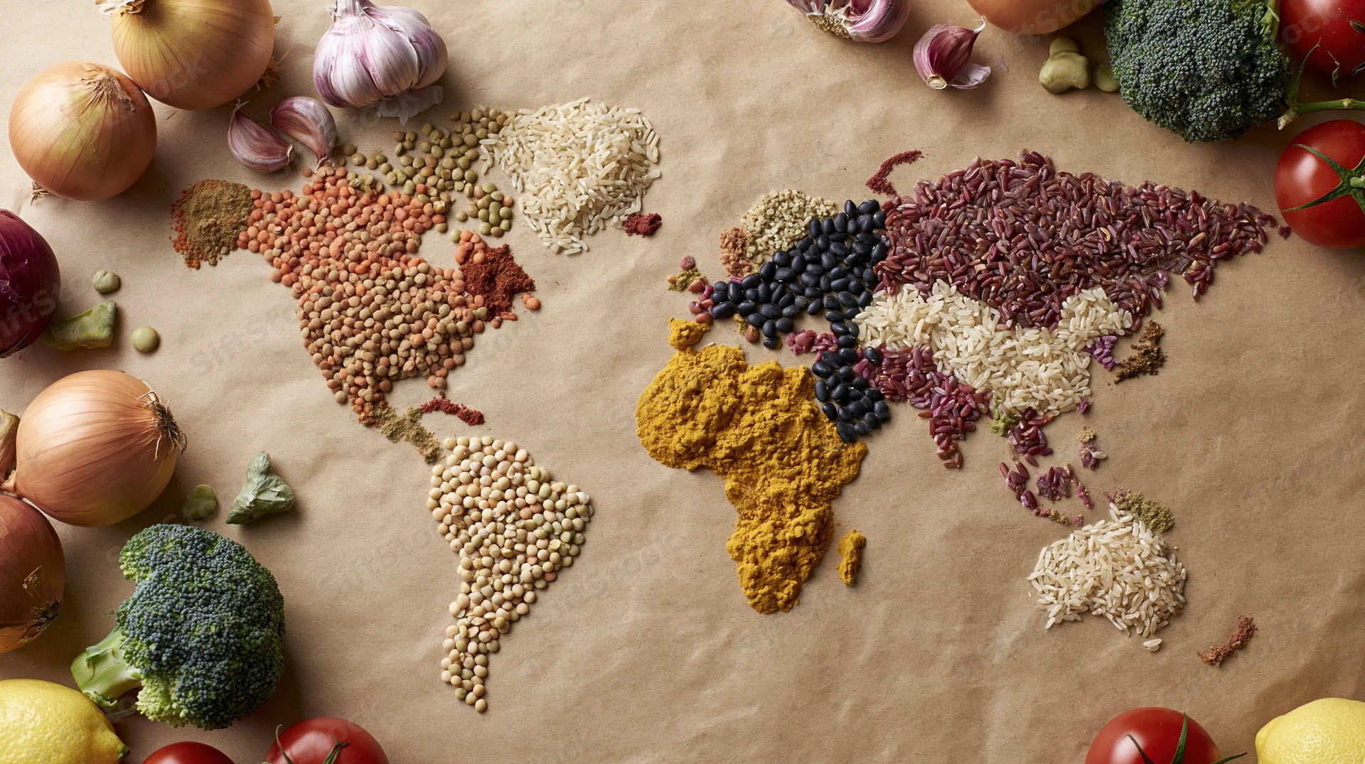 World map made from grains, lentils, spices, and vegetables arranged on brown paper with fresh produce around it