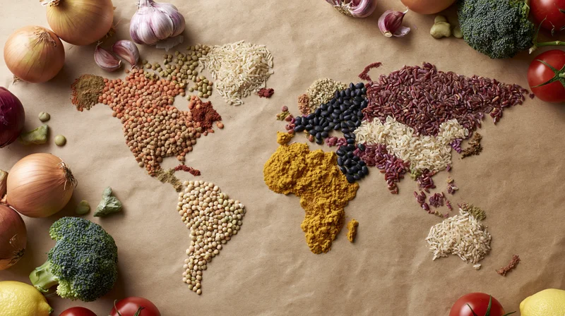 World map made from grains, lentils, spices, and vegetables arranged on brown paper with fresh produce around it