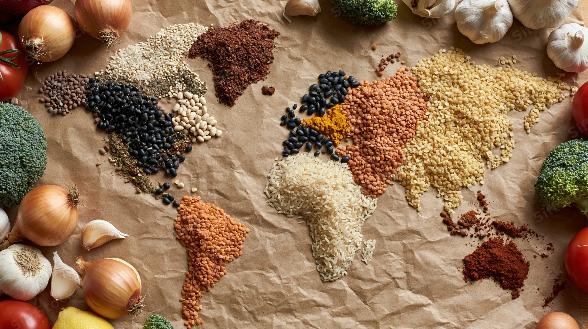 World map made from grains and spices arranged on crumpled brown paper surrounded by vegetables