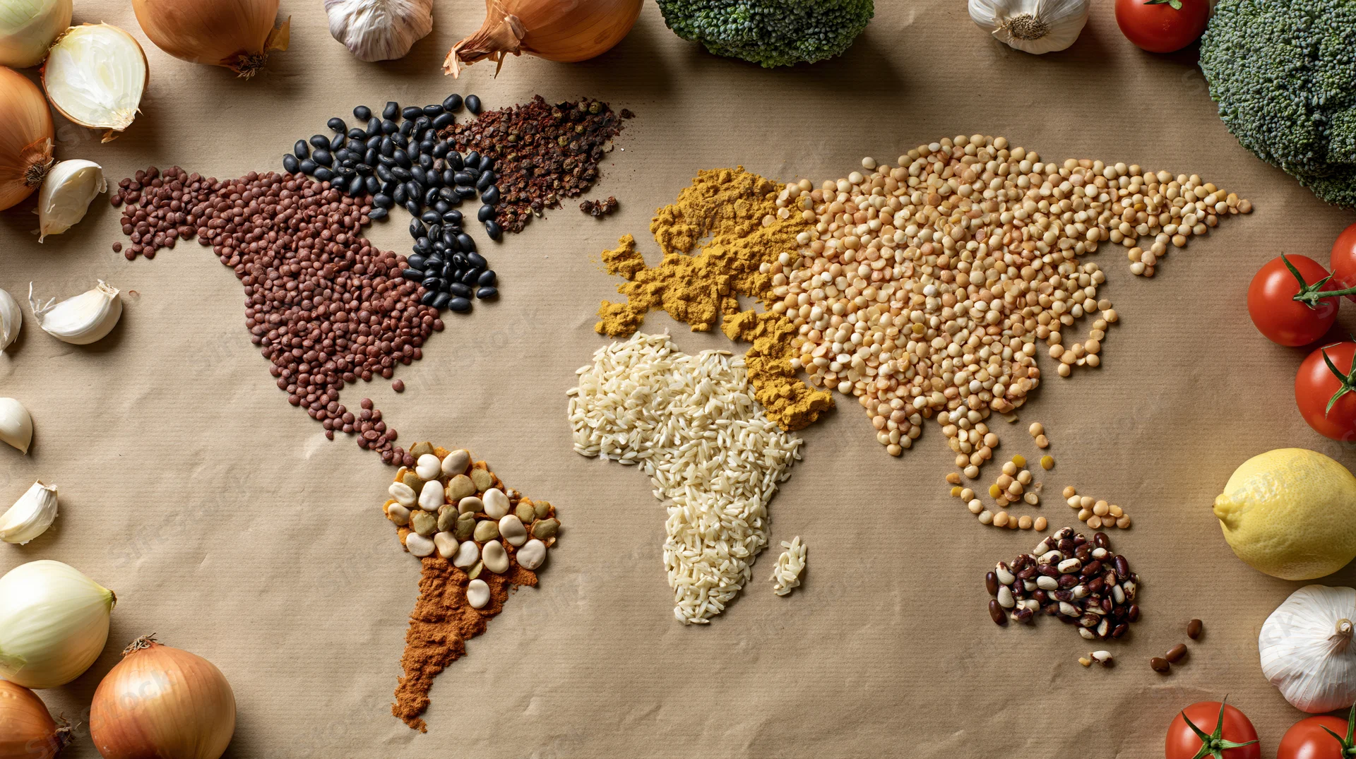 World map made from grains and spices arranged on brown paper surrounded by vegetables and herbs