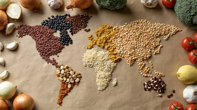 World map made from grains and spices arranged on brown paper surrounded by vegetables and herbs
