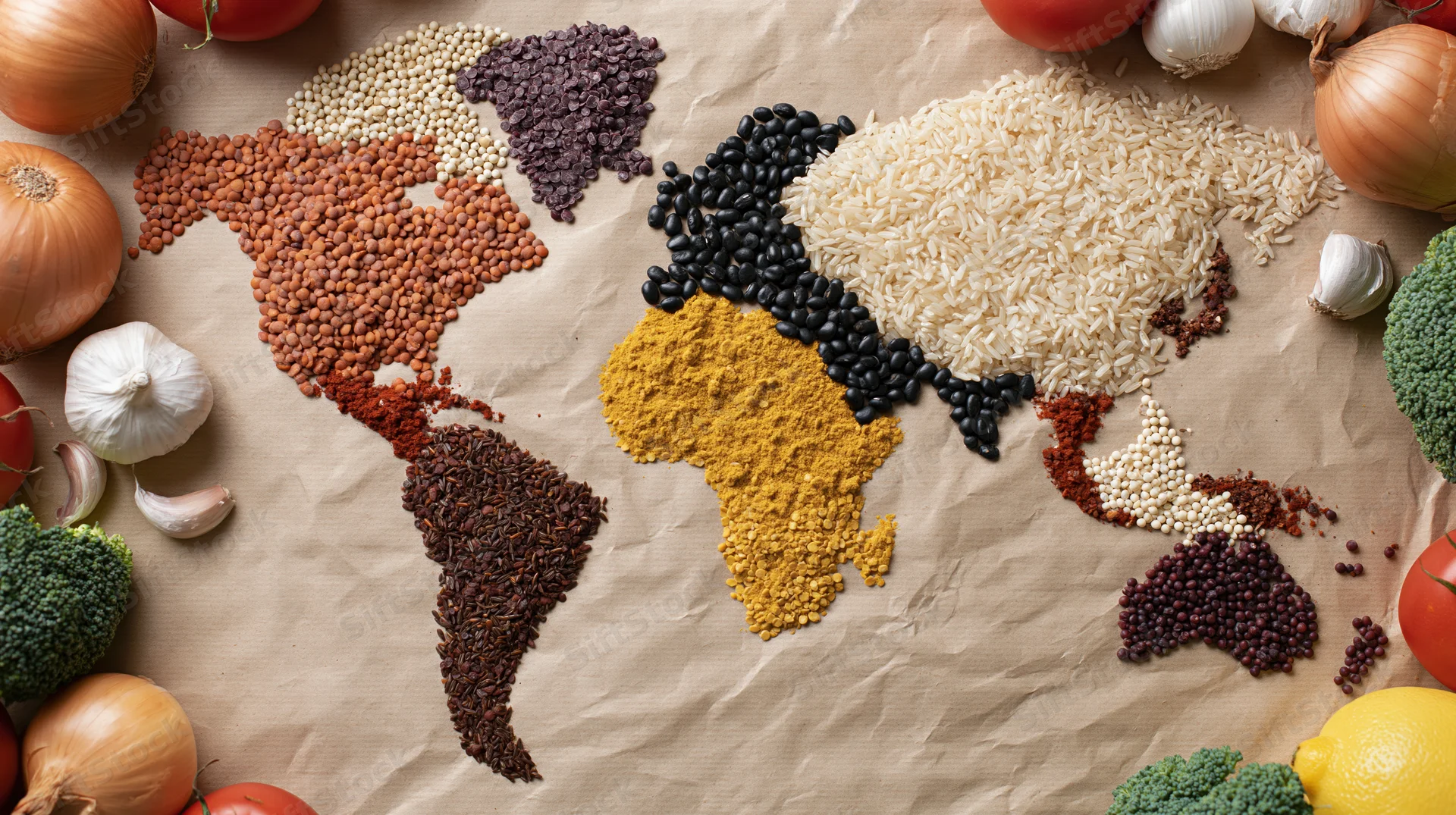 World map made from grains and spices arranged on paper with vegetables around