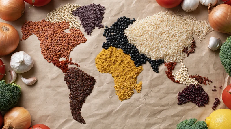 World map made from grains and spices arranged on paper with vegetables around