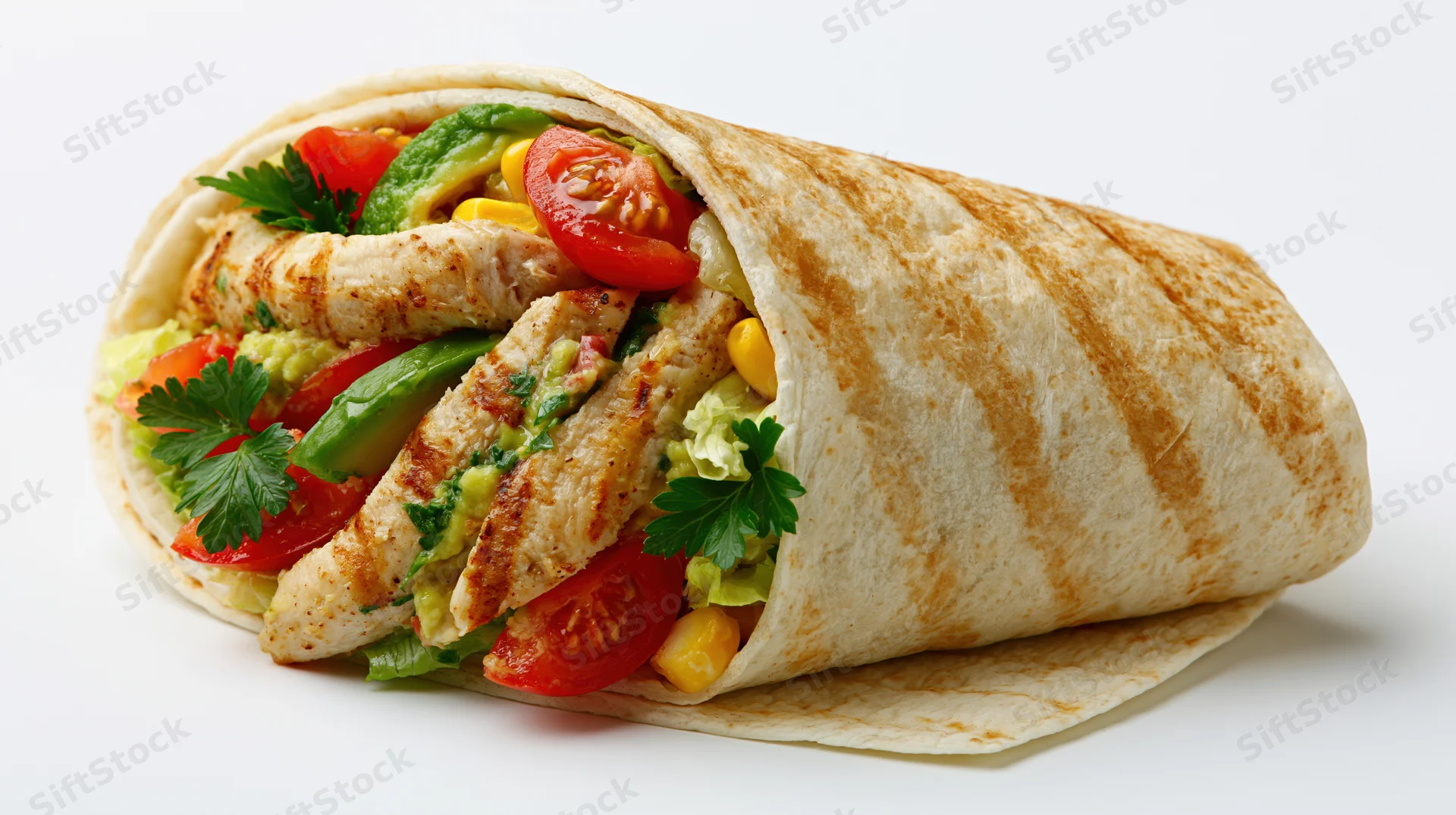 Grilled chicken wrap filled with avocado, tomato, corn and parsley on white background