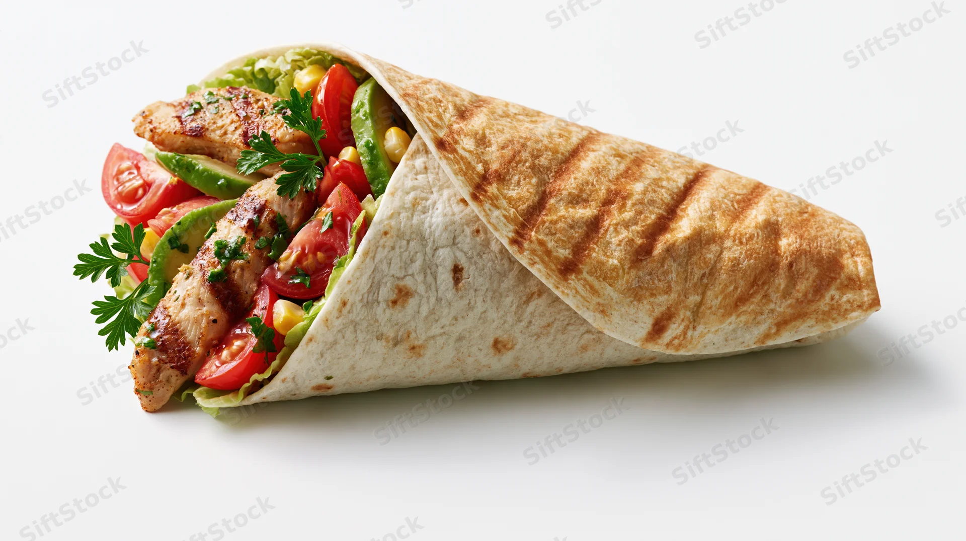 Grilled chicken wrap filled with vegetables and herbs on white background