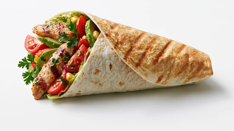 Grilled chicken wrap filled with vegetables and herbs on white background