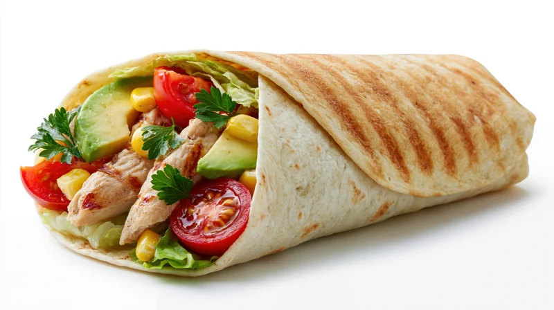 Grilled chicken wrap with avocado, tomato, corn and lettuce on white background