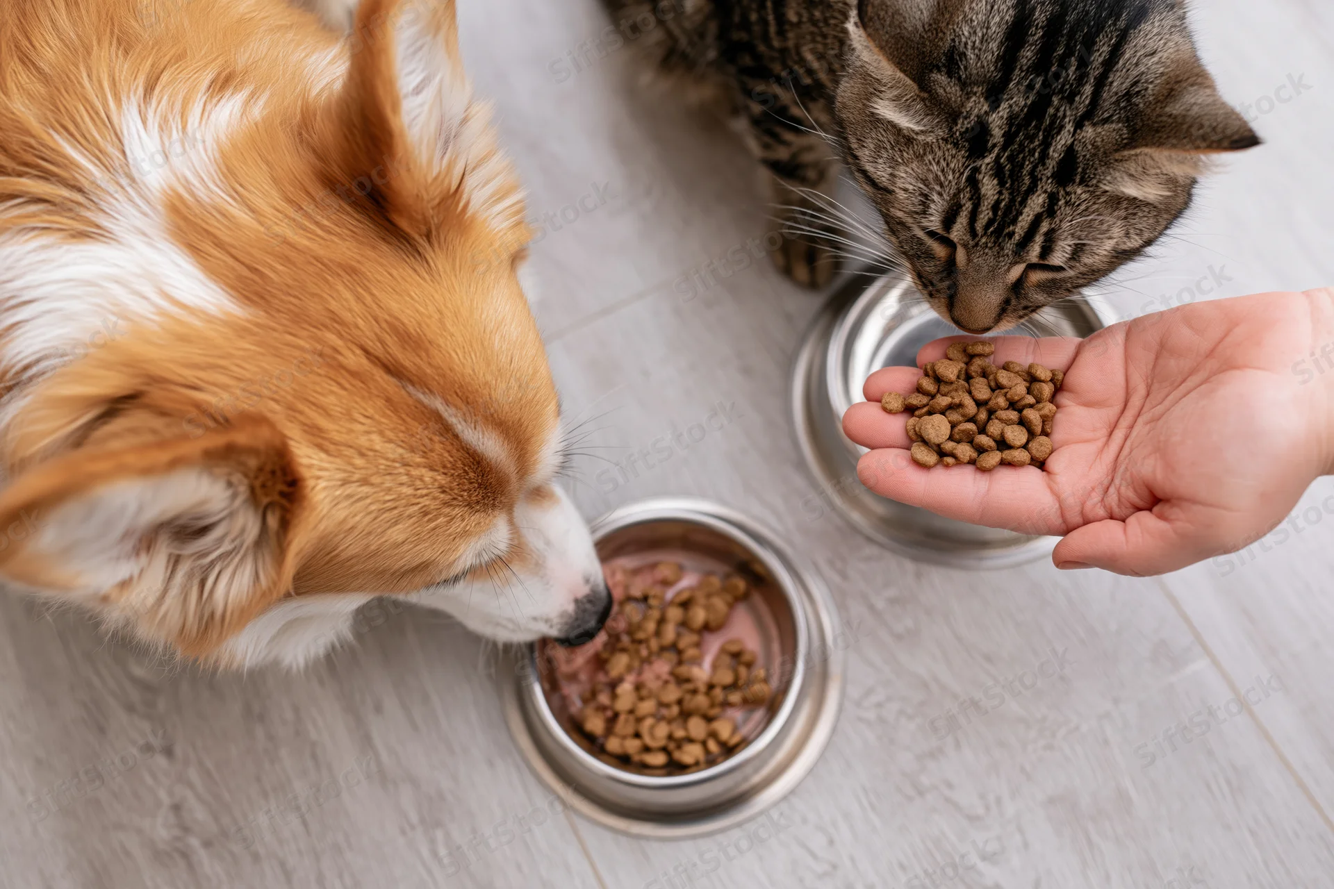 Dog and cat eating dry kibble from bowls on floor, hand offering food