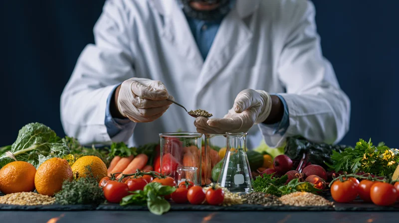 Food scientist in lab coat measuring seeds over a table of fresh vegetables and fruits in a lab setting