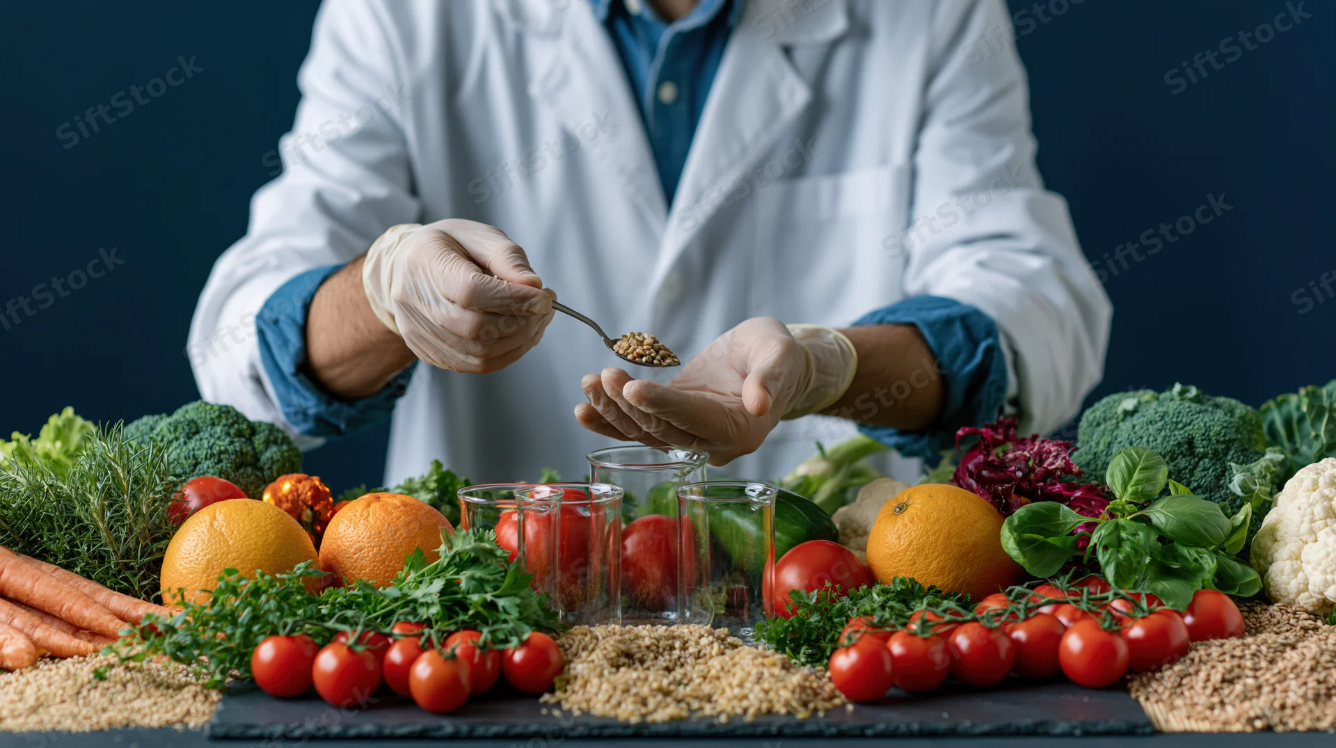 Food scientist in lab coat measuring seeds over a table of fresh vegetables and fruits