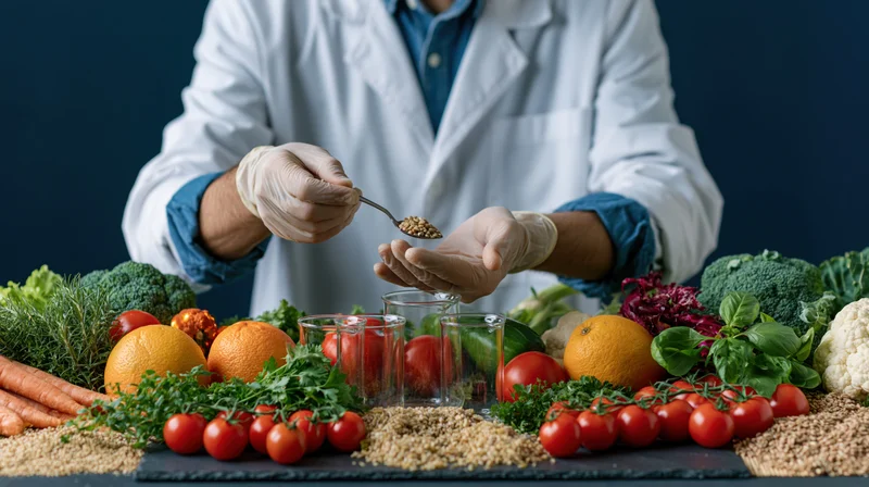 Food scientist in lab coat measuring seeds over a table of fresh vegetables and fruits