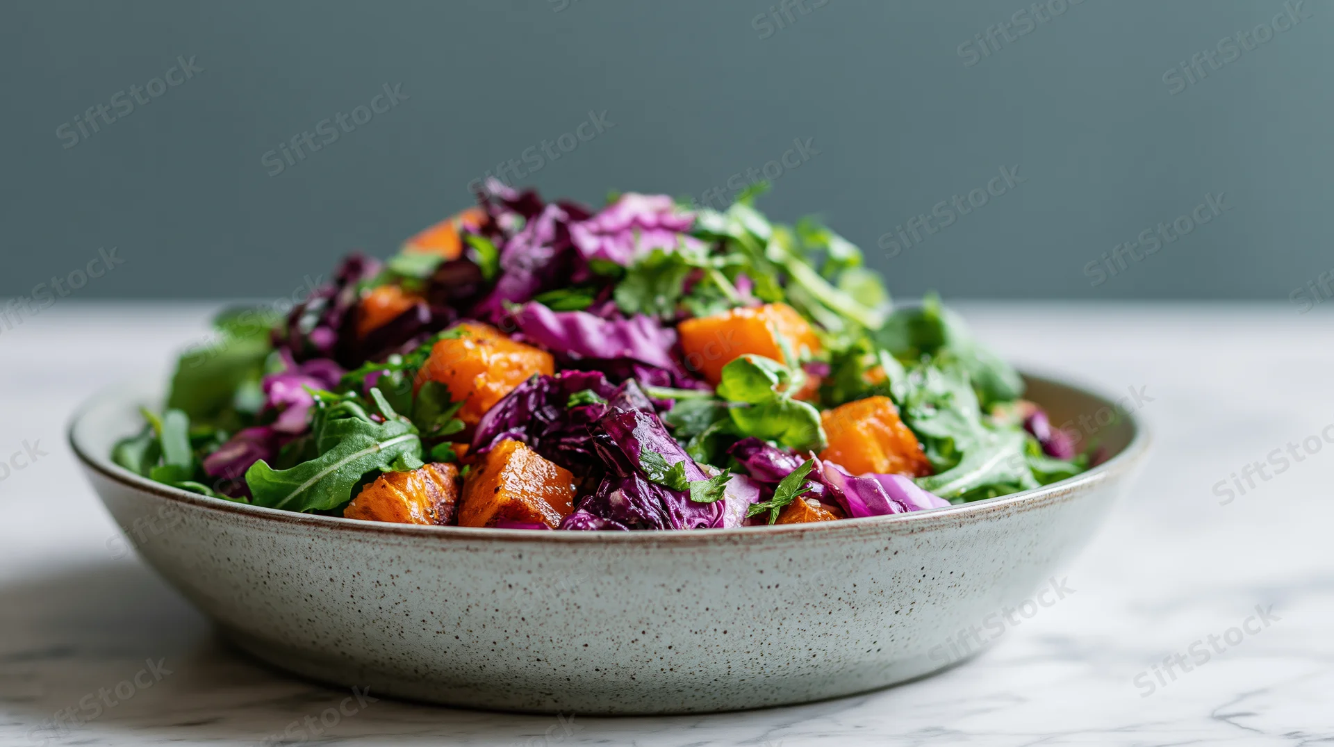 A bowl of roasted orange squash and mixed greens on a marble table