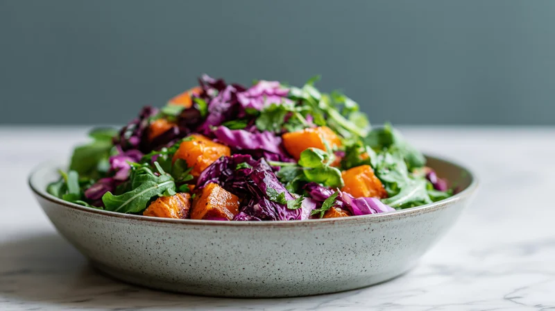 A bowl of roasted orange squash and mixed greens on a marble table