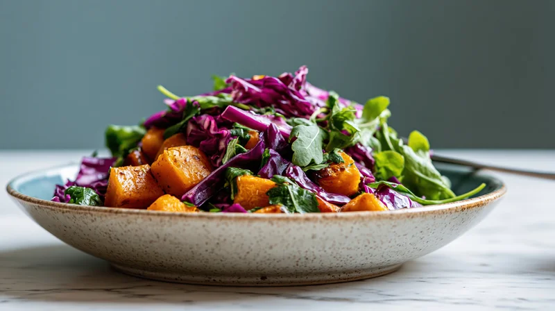 Roasted squash and purple cabbage salad in a speckled ceramic bowl on a marble table