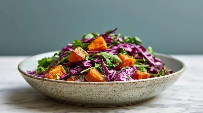 Roasted orange squash and purple cabbage salad in a speckled ceramic bowl on a marble table