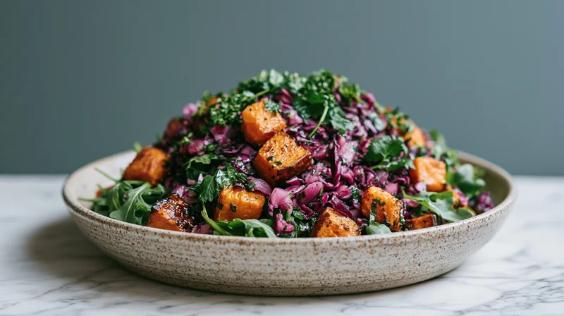 Roasted orange squash salad with greens and red cabbage in a ceramic bowl on marble surface