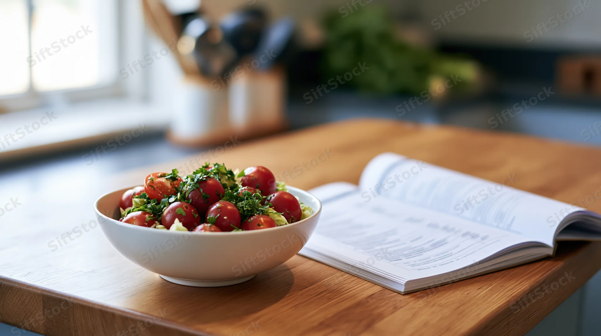 Fresh tomato and herb salad in a white bowl beside an open cookbook on a wooden kitchen countertop