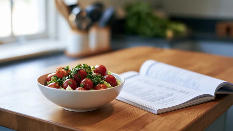 Fresh tomato and herb salad in a white bowl beside an open cookbook on a wooden kitchen countertop