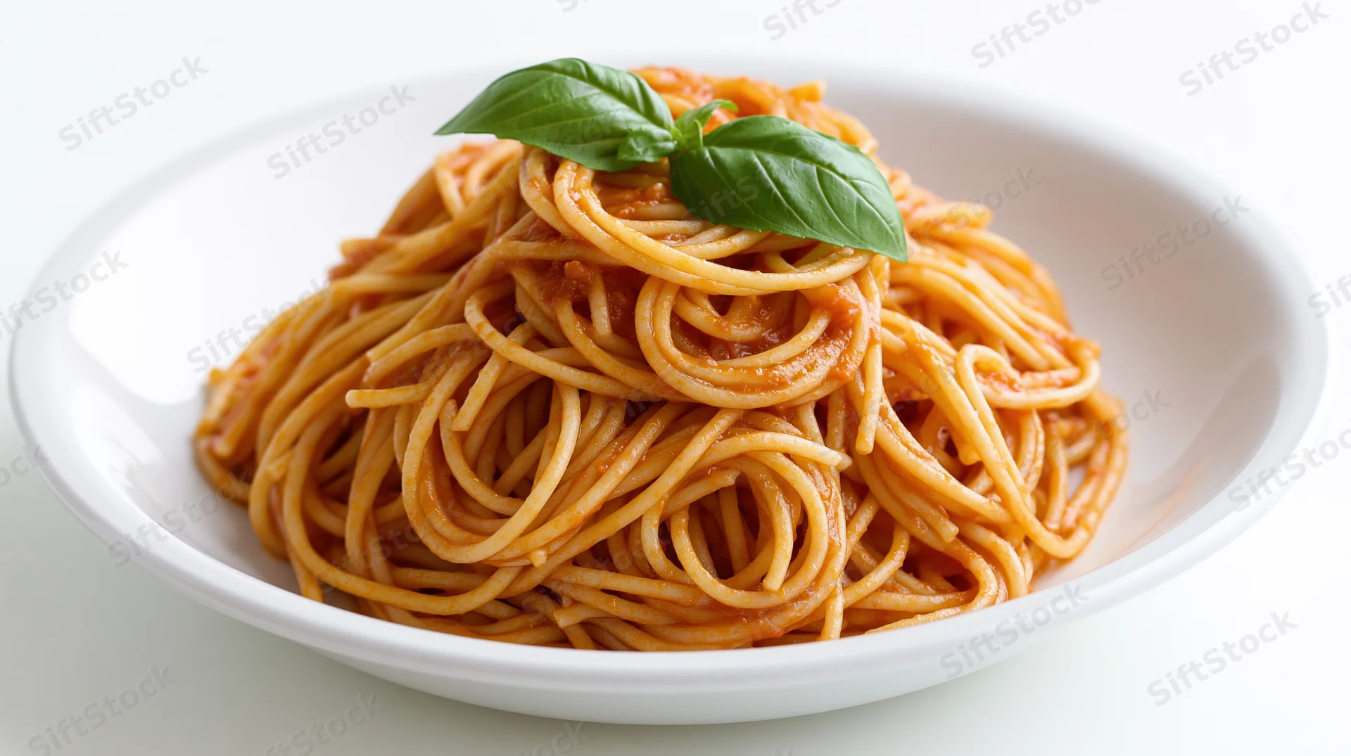 Spaghetti with tomato sauce and basil garnish on a white plate
