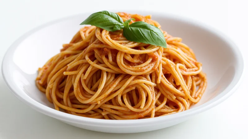 Spaghetti with tomato sauce and basil garnish on a white plate
