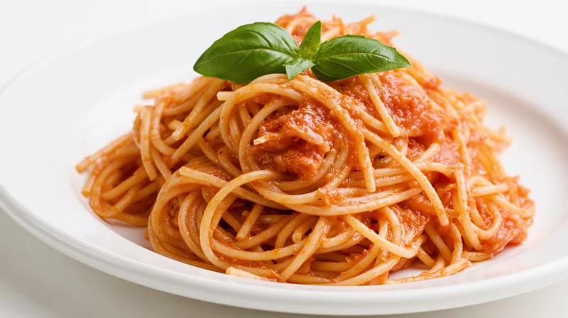 Spaghetti with tomato sauce and basil garnish on a white plate