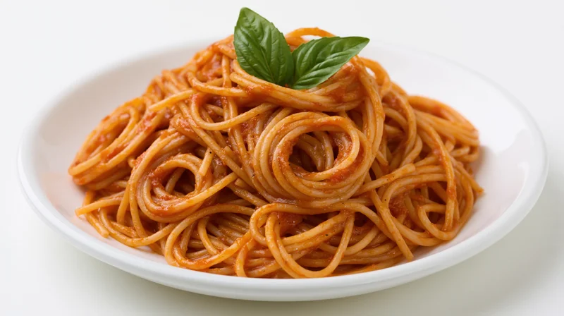 Spaghetti with tomato sauce and basil garnish on a white plate