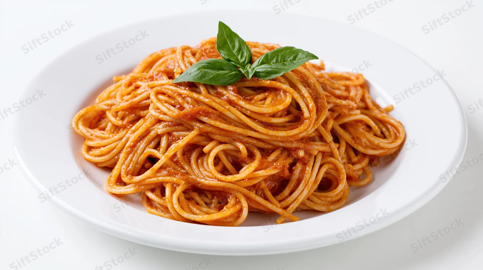 Spaghetti with tomato sauce and basil garnish on a white plate