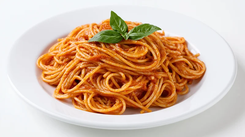 Spaghetti with tomato sauce and basil garnish on a white plate