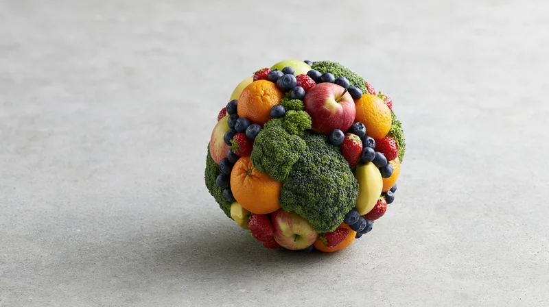 Globe-shaped arrangement of mixed fruits and vegetables on a gray concrete surface