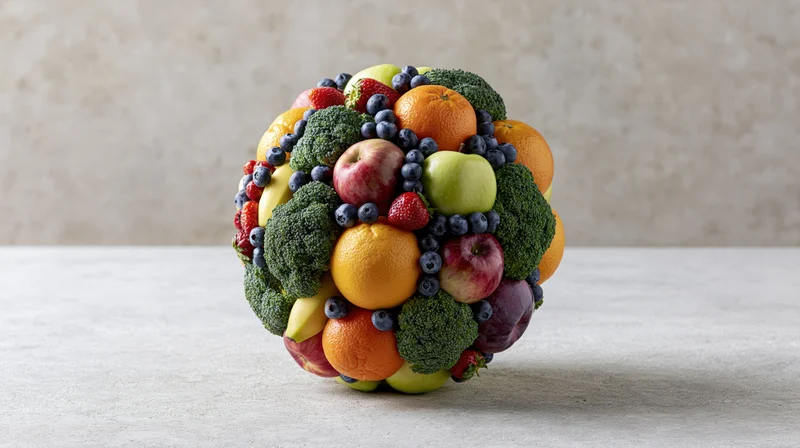 Spherical arrangement of mixed fruits and vegetables on a white surface