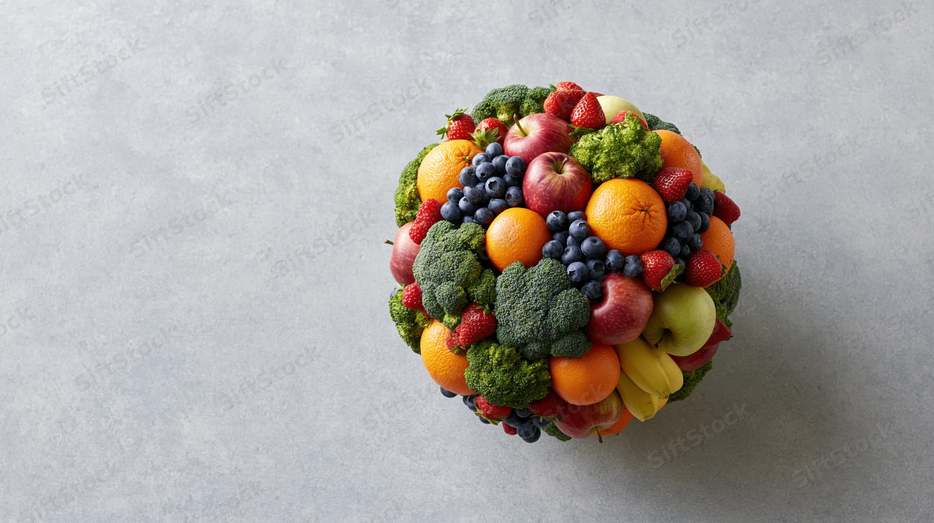 Globe-shaped arrangement of mixed fruits and vegetables on gray surface
