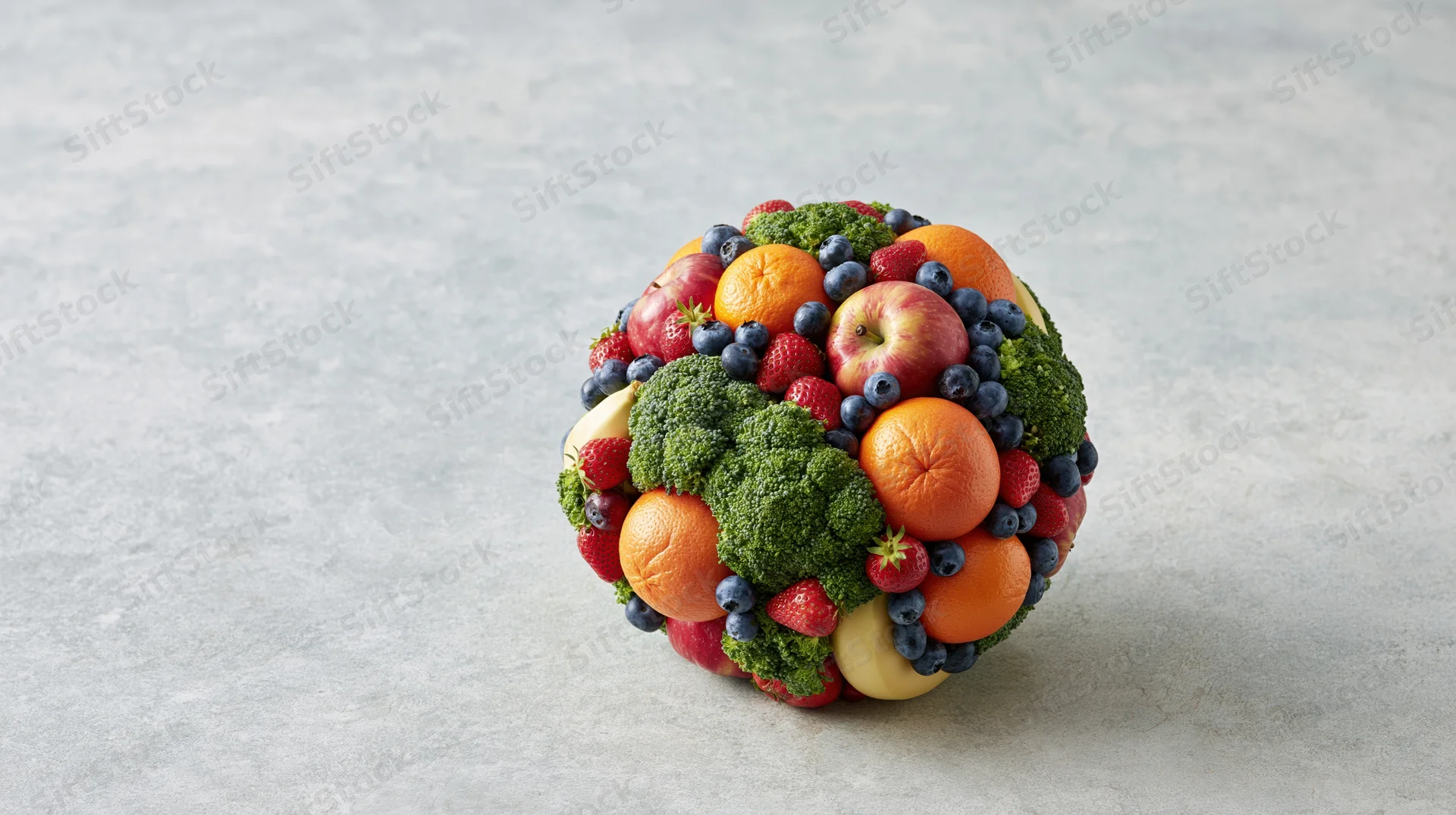 Globe-shaped arrangement of mixed fruits and vegetables on a gray surface