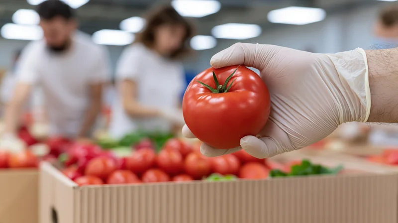 Gloved hand holding ripe red tomato over cardboard box of produce in warehouse setting
