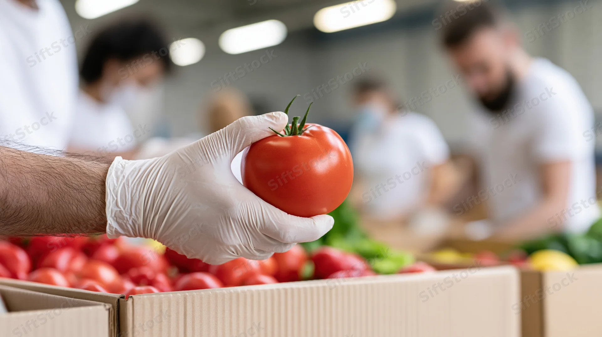 Gloved hand holding a ripe red tomato over cardboard boxes in a produce packing facility