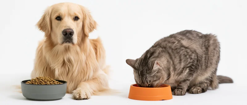 Golden retriever sitting beside a grey bowl of kibble while a tabby cat eats from an orange bowl on white background