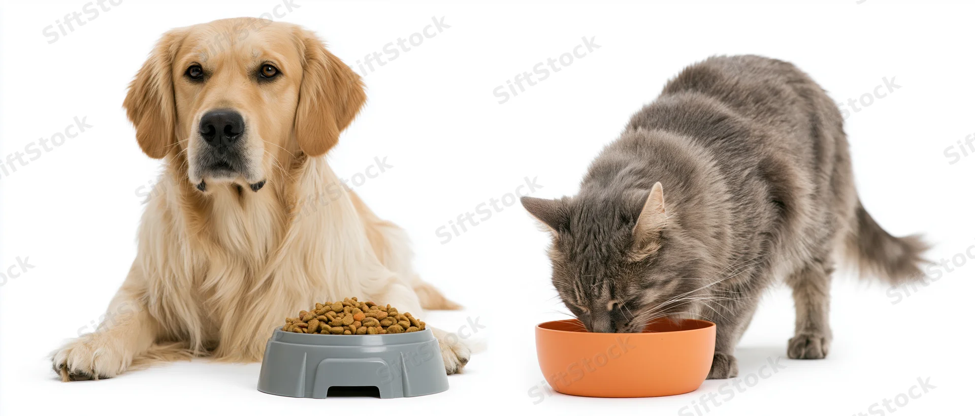 Golden retriever sitting beside a grey bowl of kibble while a tabby cat eats from an orange bowl on white background