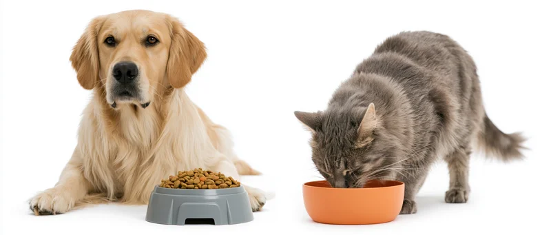 Golden retriever sitting beside a grey bowl of kibble while a tabby cat eats from an orange bowl on white background